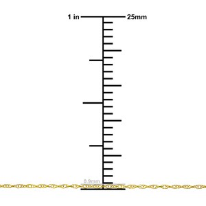 May include: A gold chain necklace with a 0.9 mm width. The chain is shown next to a ruler measuring 1 inch or 25 mm.