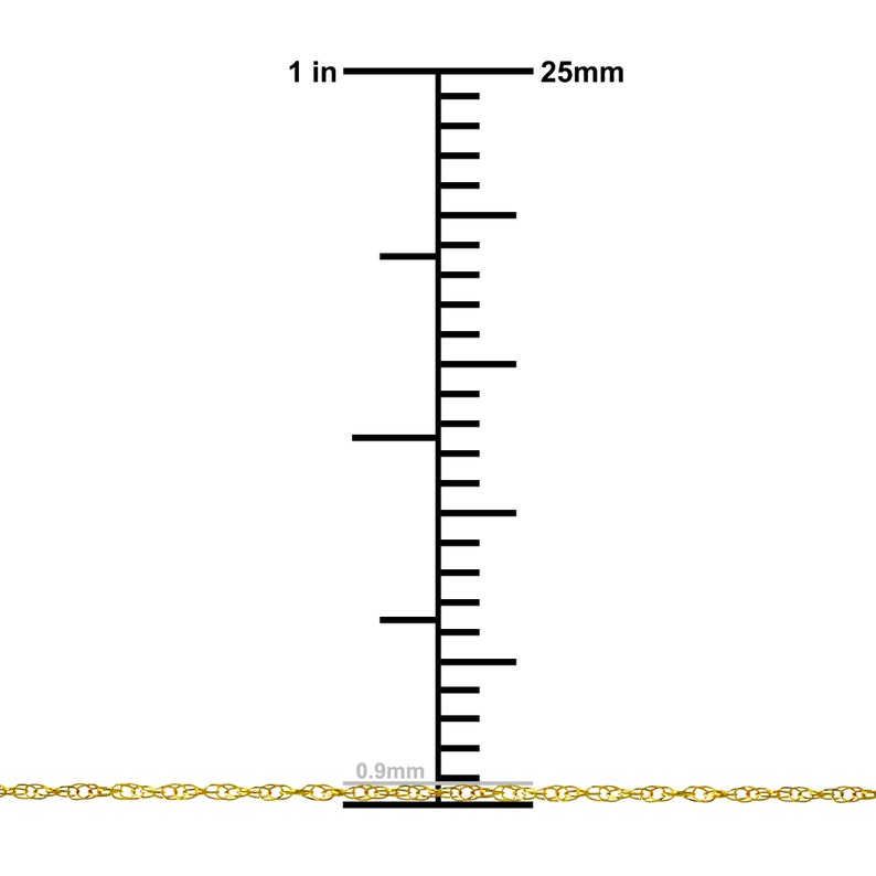 May include: A gold chain necklace with a 0.9 mm width. The chain is shown next to a ruler measuring 1 inch or 25 mm.