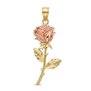 Könnte beinhalten: Ein Rosenanhänger aus zweifarbigem Gold, bestehend aus einer roségoldenen Blüte und einem gelbgoldenen Stiel mit zwei texturierten Blättern. Das Schmuckstück verfügt über eine polierte gelbgoldene Öse zur Befestigung an einer Kette.
