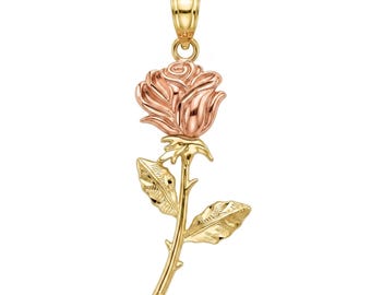 Gold Langer Stiel Rose Charm - Rose Anhänger - 10 Karat Solid Gold Anhänger - Gelb und Rose Gold mit optionaler Goldkette - Rose Halskette