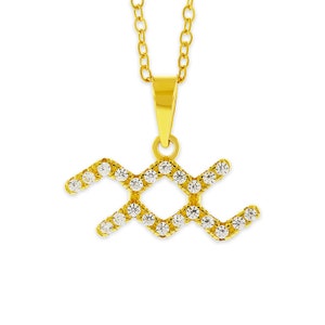 Aquarius Zodiac Necklace - Cubic Zircornia - Astrology Jewelry - 925 Sterling Silver Gold Plated - Aquarius Star Sign - Birthday Gift