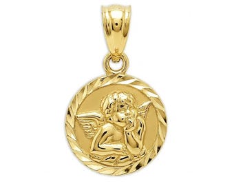 Medallón de querubín bebé dorado - Oro macizo de 10 quilates - Collar de querubín - Collar de ángel bebé - Cadena de oro opcional - Colgante de querubín