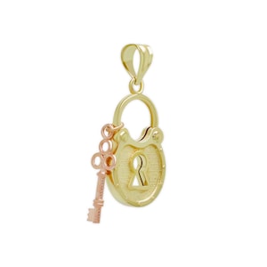 Gold Lock and Key Charm - 10 Karat Solid Yellow & Rose Gold - Gold Locket - Optional Gold Rope Chain - Lock and Key Necklace
