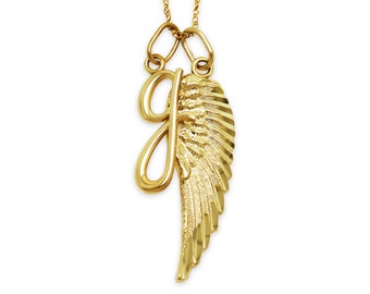 Collana con ciondolo a forma di ala d'angelo in oro con iniziale - Oro 10 carati - Ciondolo a forma di ala d'angelo - Catena in oro opzionale - Regalo di condoglianze per gioielli commemorativi