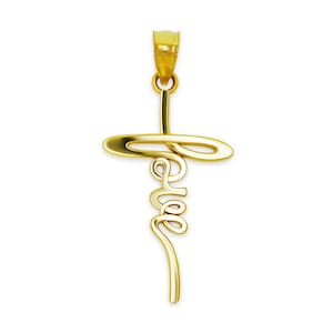 May include: A gold-colored pendant with the word "Peace" in a cursive script. The pendant has a loop at the top for a chain and a stylized cross design. The pendant is made of a shiny, reflective metal.