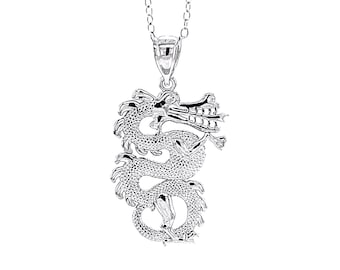 Silver Dragon Pendant Necklace  - Dragon Pendant - Solid 925 Sterling Silver - Adjustable Silver Necklace 16” - 18”