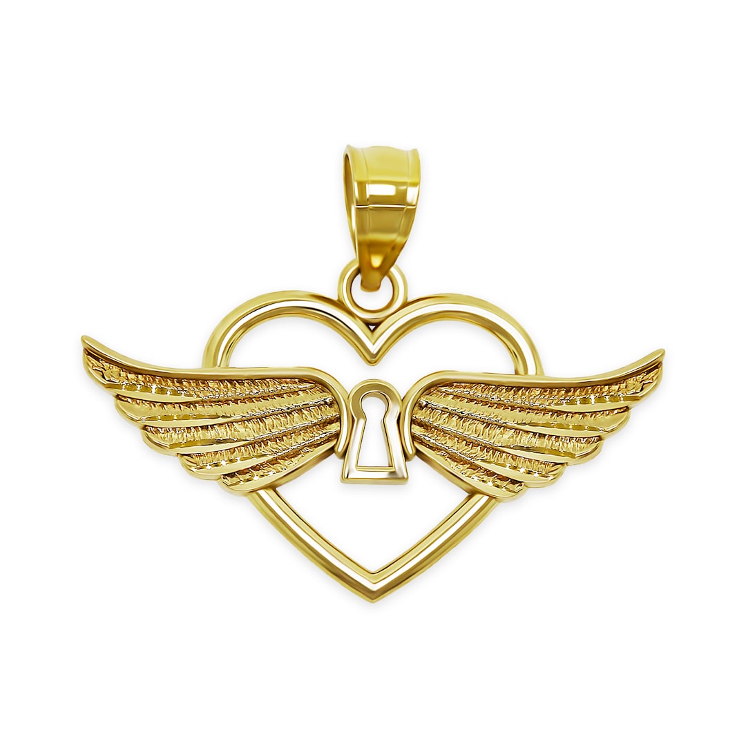 Angelic Locks Gold Angel Heart Lock Charm Pendant - 10 Karat Gold - Angel Wing ...