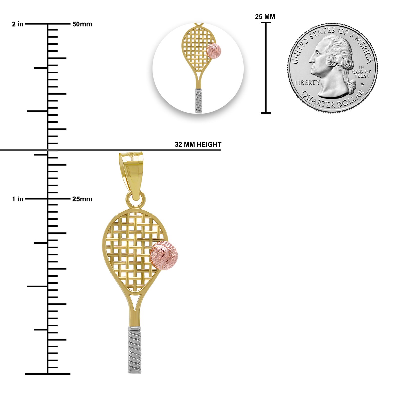 Gold Tennis Racquet With Rose Gold Ball - 10 Karat Solid Gold - Tennis ...