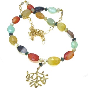 Colorful tree of life necklace with multicolored gems,   gold plated tree, no clasp necklace, beaded,  pendant necklace, gemstone necklace