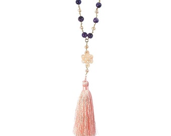 Amethyst and Pink Pearl Tassel Necklace, Boho necklace, Boho jewelry, beaded, long necklace, tassel jewelry, amethyst necklace, pearls