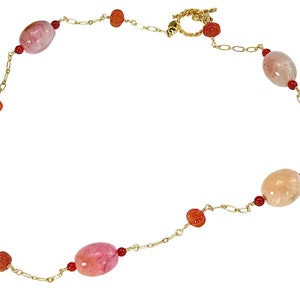 Carnelian and pink agate necklace, orange necklace, pink necklace, gold chain necklace, beaded chain necklace, beaded  jewelry,one of a kind