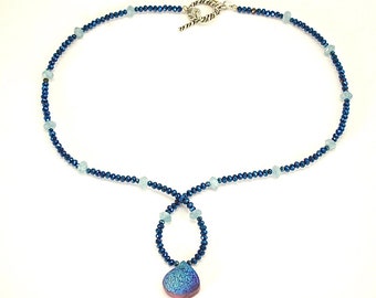 Blue Druzy Necklace, druzy teardrop, navy blue crystal, blue necklace, blue jewelry, beaded necklace, beaded jewelry, one of a kind, druzy