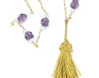Conjunto de collar con borlas y cuentas de cristal morado: cadena larga de oro estilo bohemio