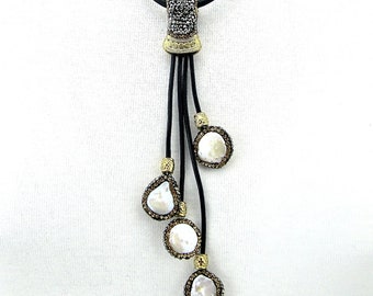 Black Cord Pearl and Rhinestone Necklace, statement necklace, black and white, unique neckwear, coin pearls, gold and black, cord necklace