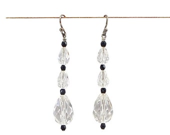 Orecchini pendenti in cristallo Art Déco: neri e trasparenti, argento sterling