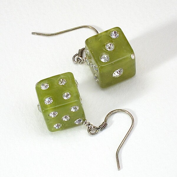 Green Dice with Rhinestone Earrings, RESERVED FOR MONICA,dangle earrings, green earrings, drop earings, dice earrings, green jewelry, lucite