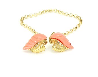 Vintage Faux Coral Rhinestone Cardigan Clips: Mid-Century Sweater Accessory