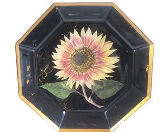 Decoupaged Sunflower Plate, home decor, wall accent, home accent, decorative plate, table accessory, hostess gift,