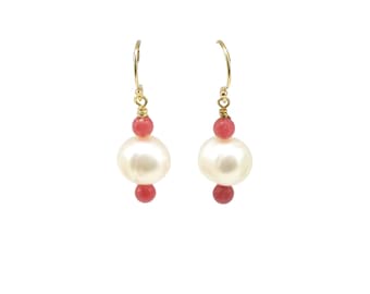 White Pearl Pink Bead Earrings, pearl jewelry, one of a kind