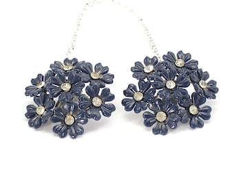 Vintage Navy Flower Cardigan Clips: Rhinestone Collar Clips