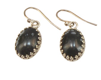 Black Jasper Earrings, sterling silver, black earrings, black jewelry, silver and black, one of a kind, bezeled stone, stone earrings