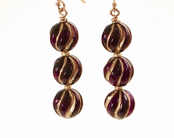 Purple and Gold Drop Earrings, plastic earrings, beaded earrings, purple earrings, lightweight earrings, purple jewelry, dangle earrings