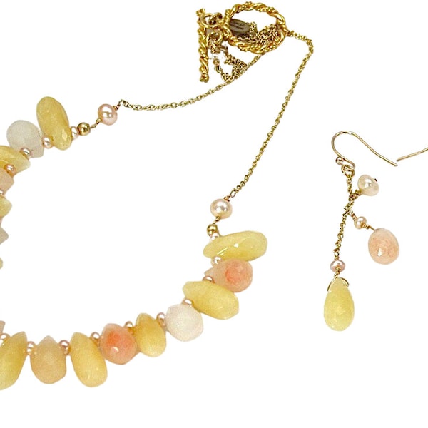 Yellow and peach jade briolette necklace set,            pink and yellow necklace, matching earrings, briolette necklace set