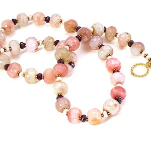 Pink agate, pearl and garnet necklace,                      pink and peach necklace, long necklace, freshwater pearls, gemstones, beaded