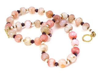 Pink Agate Pearl Necklace: Long Gemstone Beaded Necklace