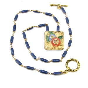 Art Deco Style Pendant Necklace, Czech glass, enamel chain, glass and enamel, navy blue and gold, OAK, glass pendant,  pendant necklace