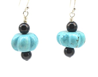 Turquoise Howlite and Black Bead Earrings, black and blue, pumpkin shape, one of a kind, turquoise and black, sterling silver wires