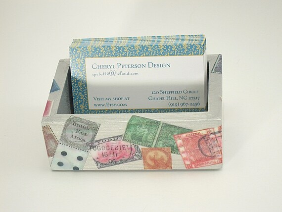 Postage Stamp Business Card Holder Decoupage Box Decorative Etsy