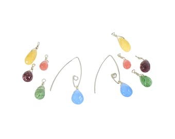 Changeable Quartz Earrings, multicolored, many colored, yellow green blue purple pink, teardrop shape, sterling silver earwire, five colors