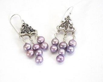 Purple Pearl Chandelier Earrings, dangle earrings, lavender earrings, pearl earrings, silver and pearl, pearl jewelry, silver chandelier ear