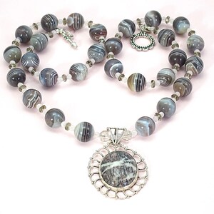 Botswana Agate Beaded Necklace: Sterling Silver Jasper Pendant, 30&quot; Long
