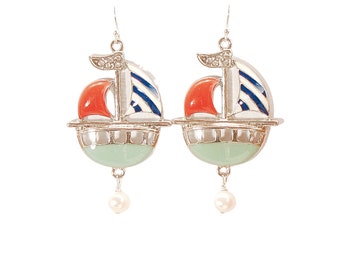 Enamel Sailboat Earrings with Pearls, multicolored, silver boats, ocean earrings, boat earrings, freshwater pearls, nautical earrings