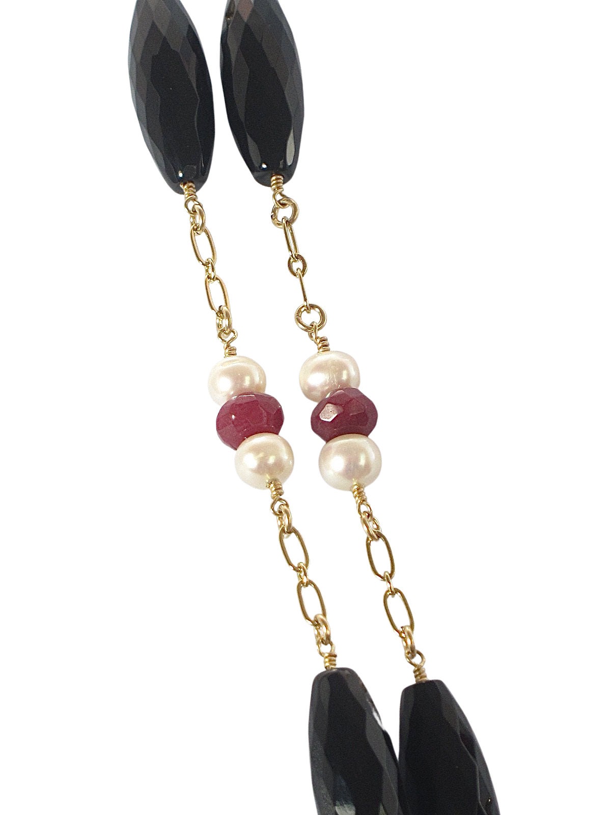 Onyx, Pearl and Red Jade Necklace on Gold Chain, Mother's