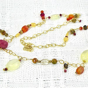 Crazy multi colored gemstone necklace, many colored, gold plated chain, long necklace , wire wrapped, pendant necklace, gemstone and chain