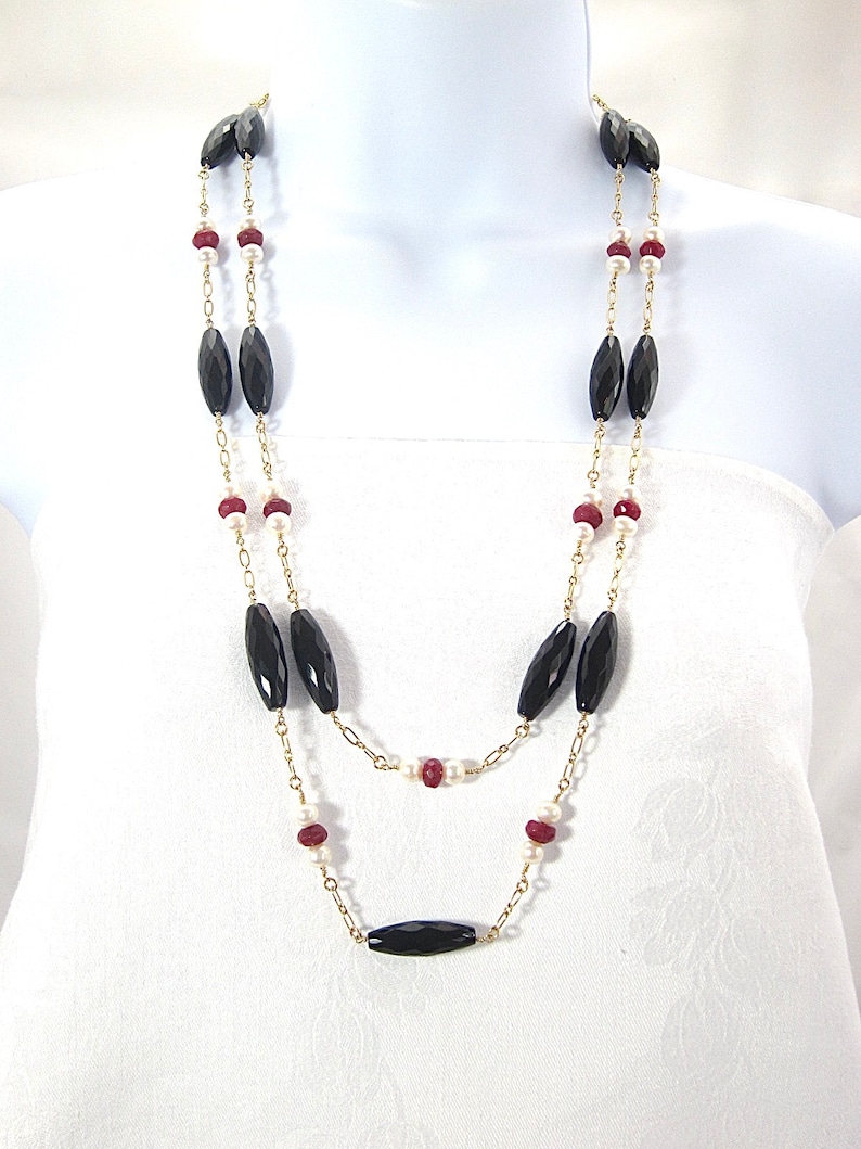 Onyx Pearl and Red Jade Necklace on Gold Chain Mother's - Etsy