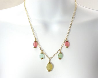 Pink blue yellow chalcedony necklace, Mothers's Day, pendants, gemstone and chain,beaded necklace, multicolored necklace, fine jewelry, gold