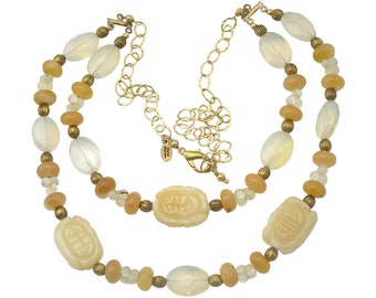 Ensemble de collier jaune double brin, fête des mères, jaune et or, bijoux en chaîne en or, collier de jade pêche, bijoux en chaîne en or, OOAK