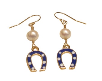 Blue Horseshoe White Pearl Earrings, good luck charm, one of a kind, pearl jewelry, dangle earrings, blue and white enamel freshwater pearls