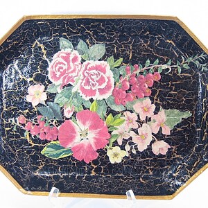 Paper Mache Decoupage Tray, multi colored, floral tray, decorative tray, pink and black, pink flowered tray, lightweight tray, wall decor