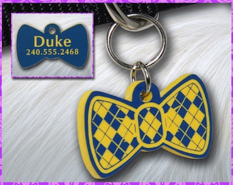 Personalized Custom Engraved Plastic Pet Argyle Bow Tie ID Tag 2-sided Blue / Yellow
