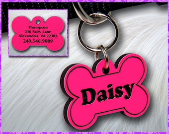 Personalized Custom Engraved Plastic Pet ID Tag 2-sided Bone Pink / Black