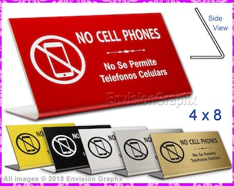 4x8 Engraved Plastic Professional Office Lobby Front Desk Sign B - No Cell Phones - (English and Spanish)