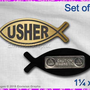 Set of 5 Engraved USHER Church name badges w/ magnet in Jesus Fish shape choose a color