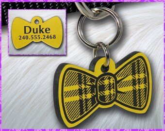 Personalized Custom Engraved Plastic Pet Plaid Bow Tie ID Tag 2-sided Yellow / Black