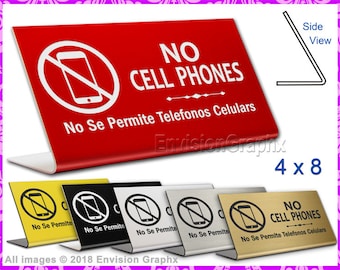 4x8 Engraved Plastic Professional Office Lobby Front Desk Sign A - No Cell Phones - (English and Spanish)