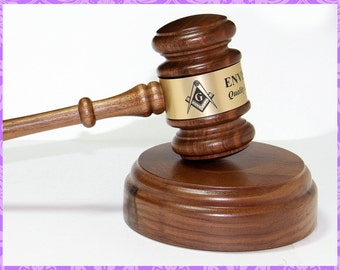 Personalized Custom Engraved Walnut Gavel w/ Sounding Block w/ Mason logo (USA Made)